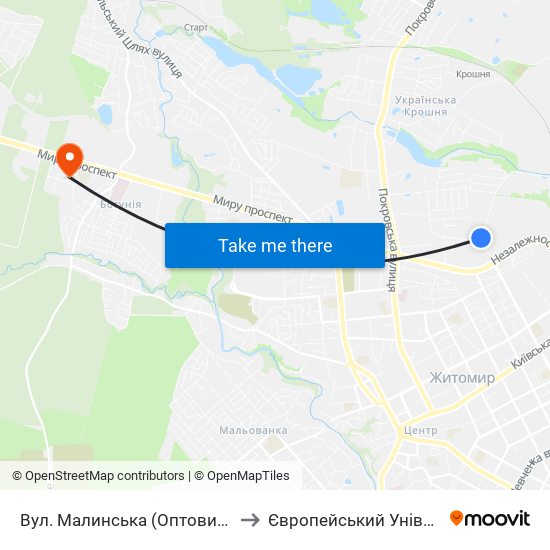 Вул. Малинська (Оптовий Ринок) to Європейський Університет map