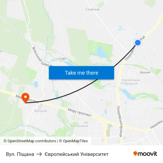 Вул. Піщана to Європейський Університет map