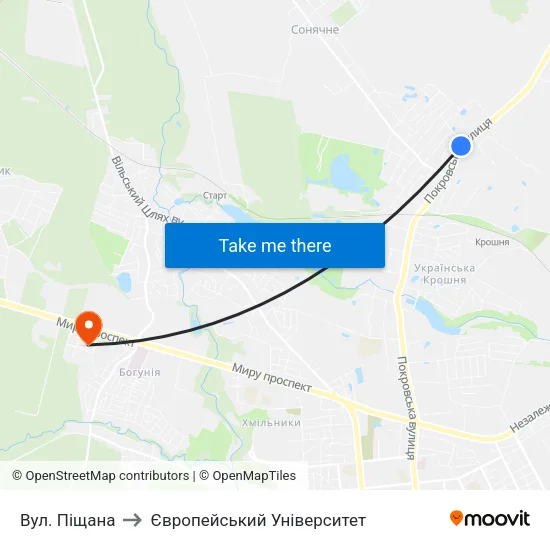 Вул. Піщана to Європейський Університет map