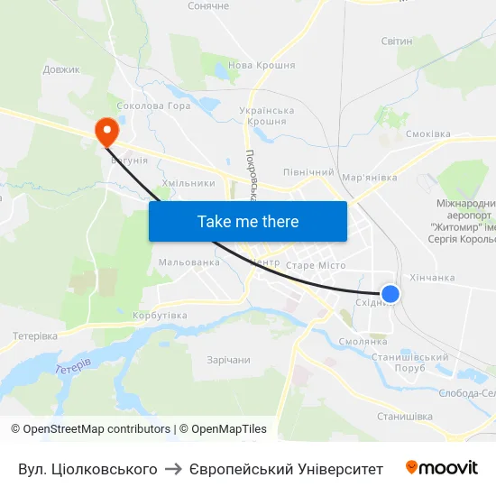 Вул. Ціолковського to Європейський Університет map