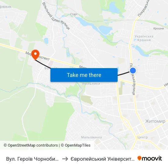 Вул. Героїв Чорнобиля to Європейський Університет map