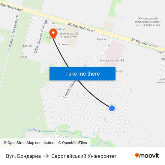 Вул. Бондарна to Європейський Університет map