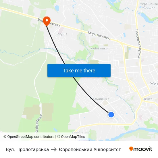 Вул. Пролетарська to Європейський Університет map