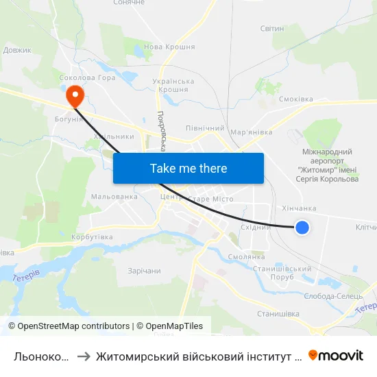 Льонокомбінат to Житомирський військовий інститут ім. С.П.Корольова map