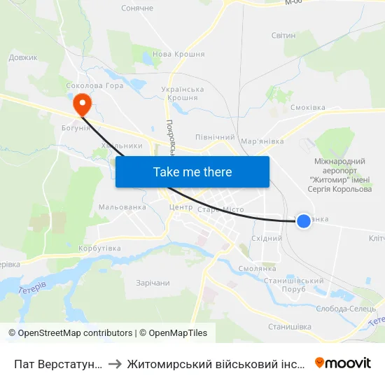 Пат Верстатуніверсалмаш to Житомирський військовий інститут ім. С.П.Корольова map