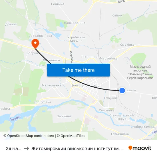 Хінчанка to Житомирський військовий інститут ім. С.П.Корольова map