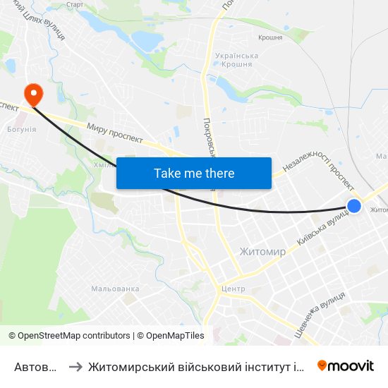 Автовокзал to Житомирський військовий інститут ім. С.П.Корольова map