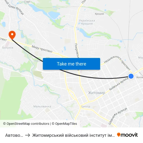 Автовокзал to Житомирський військовий інститут ім. С.П.Корольова map