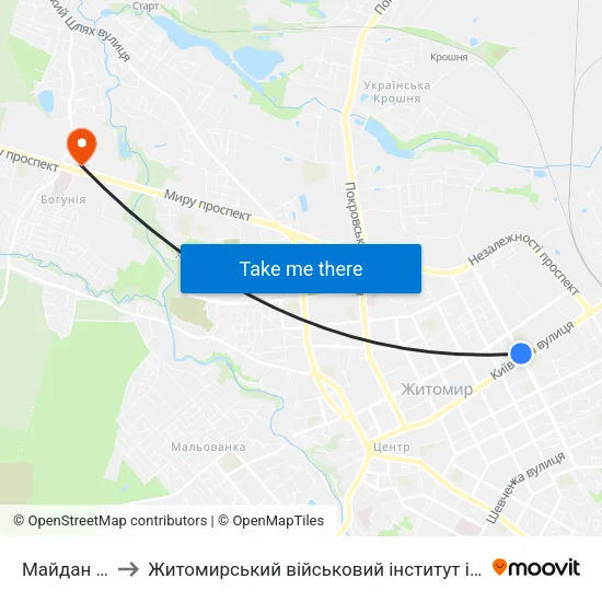 Майдан Згоди to Житомирський військовий інститут ім. С.П.Корольова map
