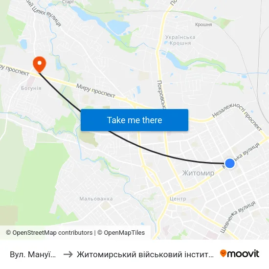 Вул. Мануїльського to Житомирський військовий інститут ім. С.П.Корольова map