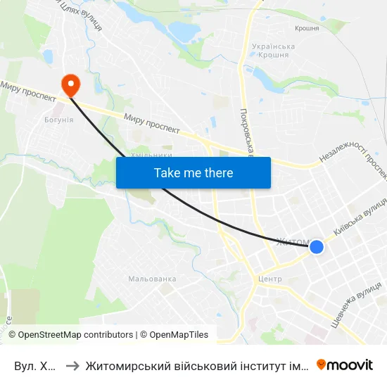 Вул. Хлібна to Житомирський військовий інститут ім. С.П.Корольова map