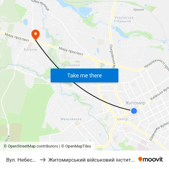 Вул. Небесної Сотні to Житомирський військовий інститут ім. С.П.Корольова map