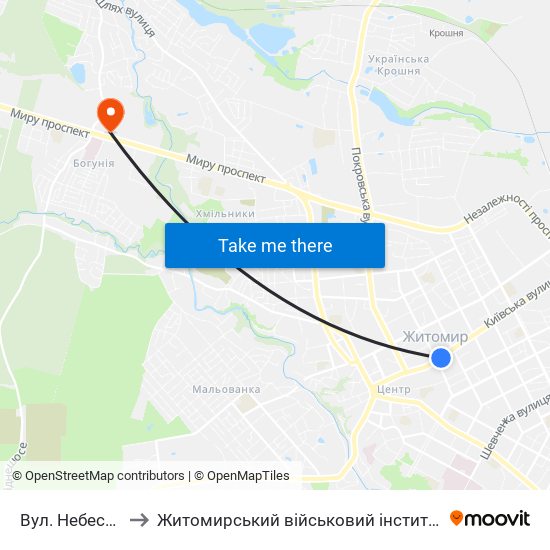 Вул. Небесної Сотні to Житомирський військовий інститут ім. С.П.Корольова map