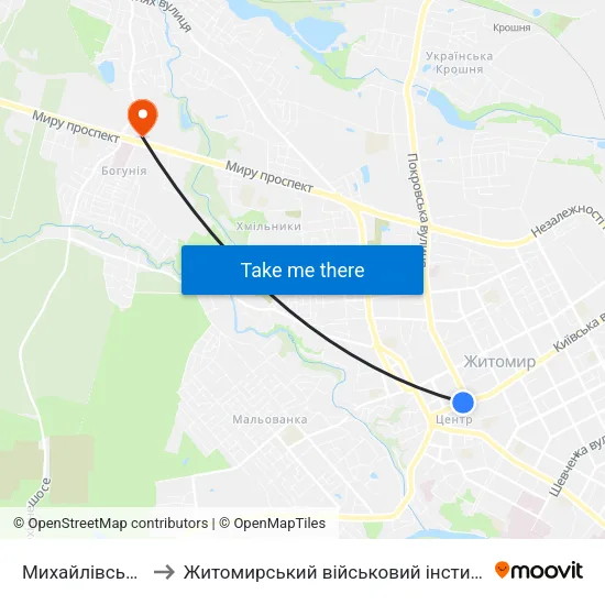 Михайлівський Собор to Житомирський військовий інститут ім. С.П.Корольова map