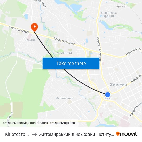 Кінотеатр Україна to Житомирський військовий інститут ім. С.П.Корольова map