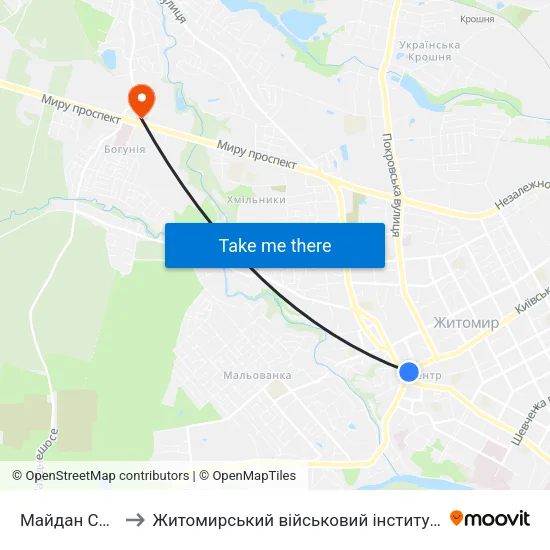 Майдан Соборний to Житомирський військовий інститут ім. С.П.Корольова map