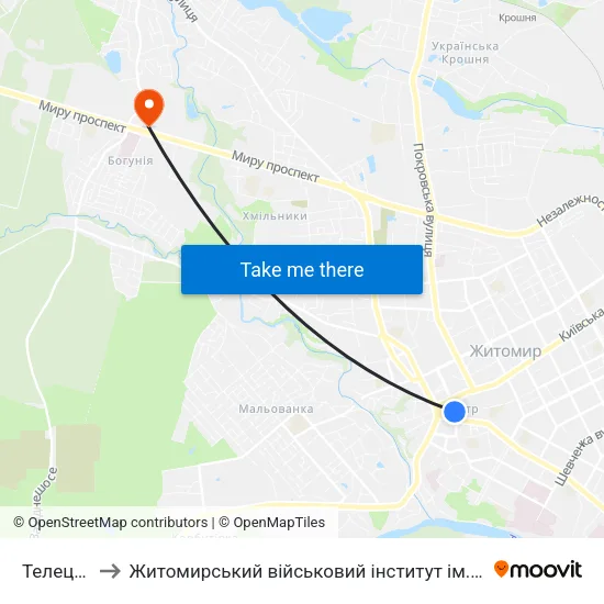 Телецентр to Житомирський військовий інститут ім. С.П.Корольова map