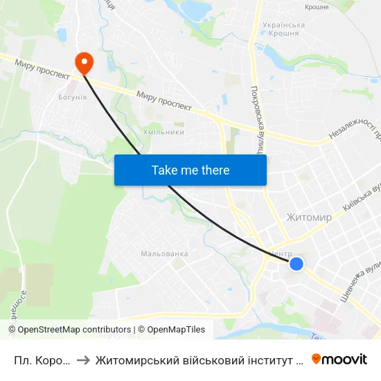 Пл. Корольова to Житомирський військовий інститут ім. С.П.Корольова map
