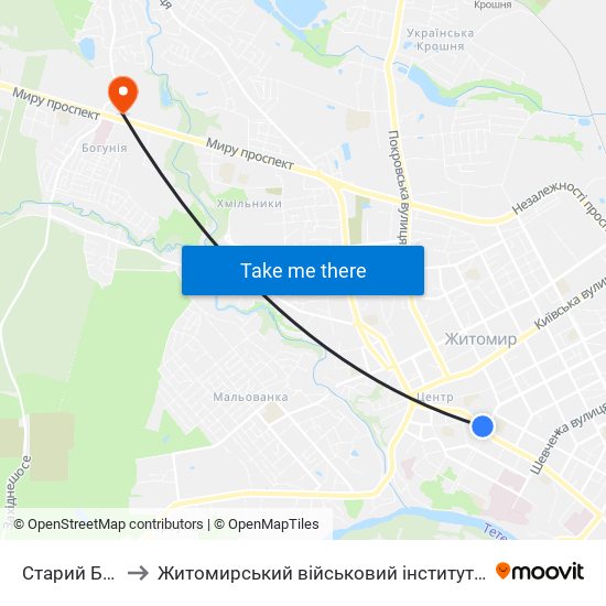 Старий Бульвар to Житомирський військовий інститут ім. С.П.Корольова map