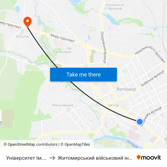 Університет Ім. Івана Франка to Житомирський військовий інститут ім. С.П.Корольова map