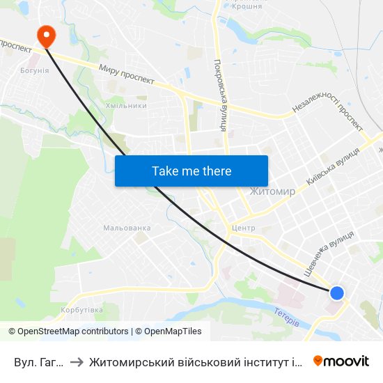 Вул. Гагаріна to Житомирський військовий інститут ім. С.П.Корольова map