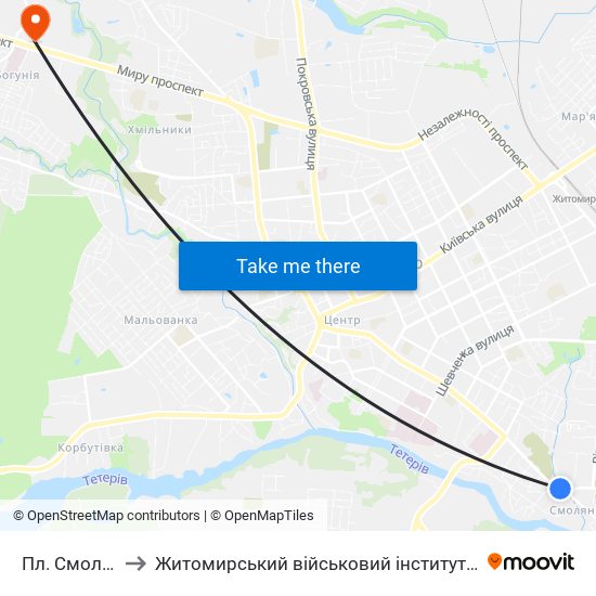 Пл. Смолянська to Житомирський військовий інститут ім. С.П.Корольова map
