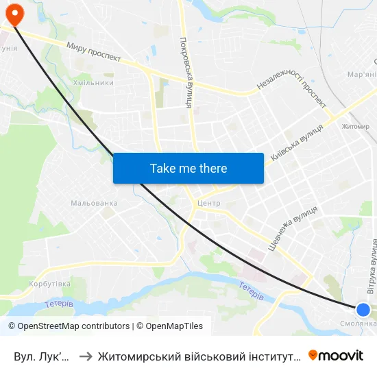 Вул. Лук’Яненка to Житомирський військовий інститут ім. С.П.Корольова map