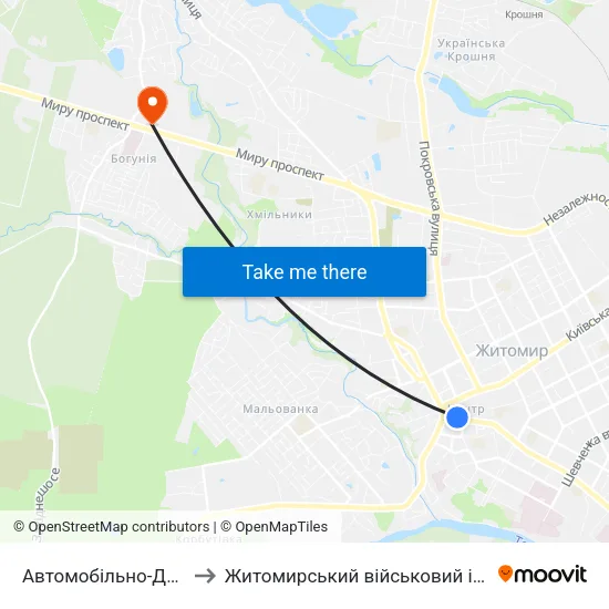 Автомобільно-Дорожний Коледж to Житомирський військовий інститут ім. С.П.Корольова map
