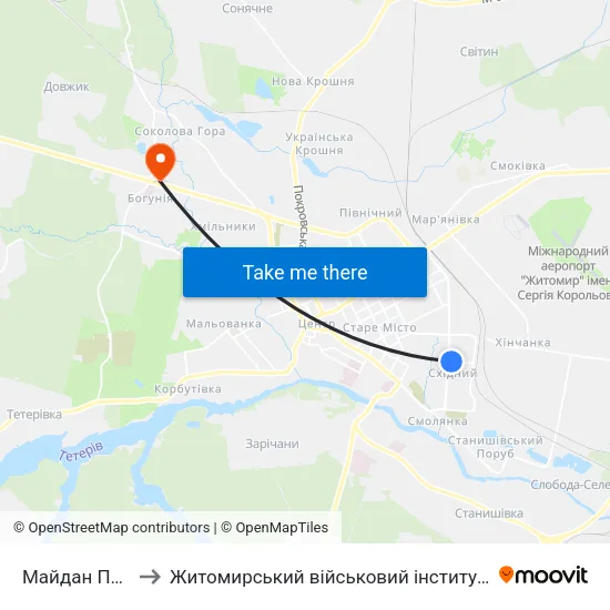 Майдан Польовий to Житомирський військовий інститут ім. С.П.Корольова map