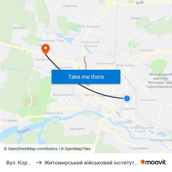 Вул. Корольова to Житомирський військовий інститут ім. С.П.Корольова map