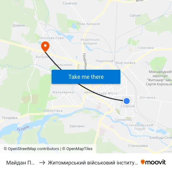 Майдан Польовий to Житомирський військовий інститут ім. С.П.Корольова map