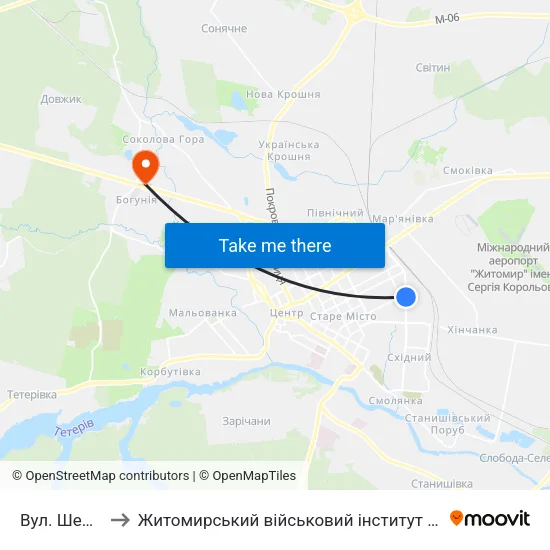 Вул. Шевченка to Житомирський військовий інститут ім. С.П.Корольова map