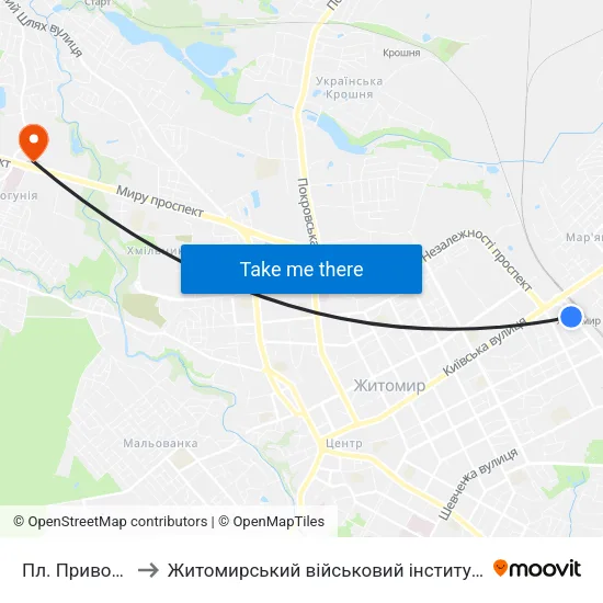 Пл. Привокзальна to Житомирський військовий інститут ім. С.П.Корольова map