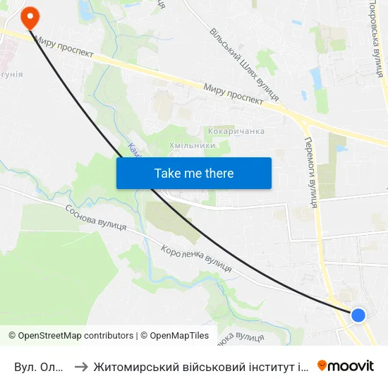 Вул. Ольжича to Житомирський військовий інститут ім. С.П.Корольова map