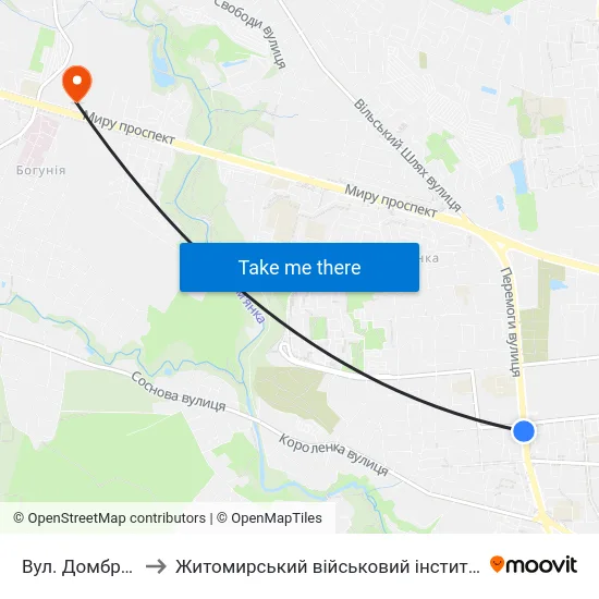 Вул. Домбровського to Житомирський військовий інститут ім. С.П.Корольова map