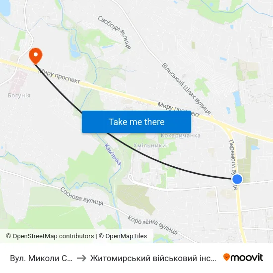 Вул. Миколи Сціборського to Житомирський військовий інститут ім. С.П.Корольова map