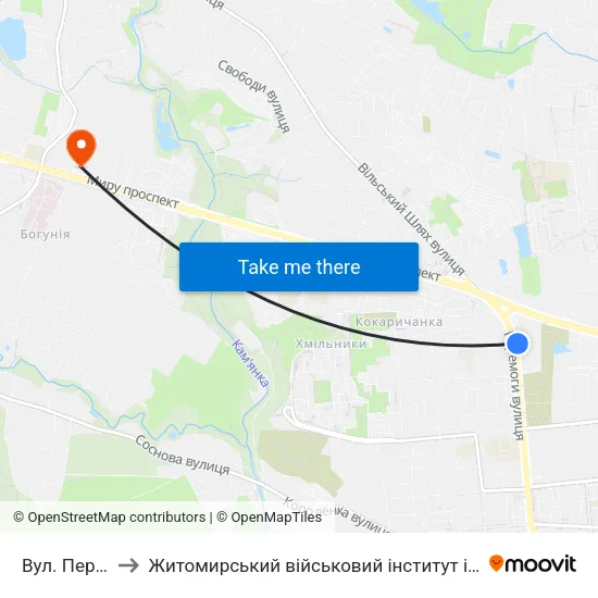 Вул. Перемоги to Житомирський військовий інститут ім. С.П.Корольова map