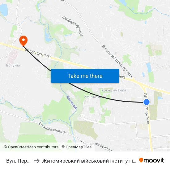 Вул. Перемоги to Житомирський військовий інститут ім. С.П.Корольова map