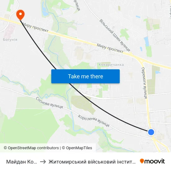 Майдан Короленка to Житомирський військовий інститут ім. С.П.Корольова map