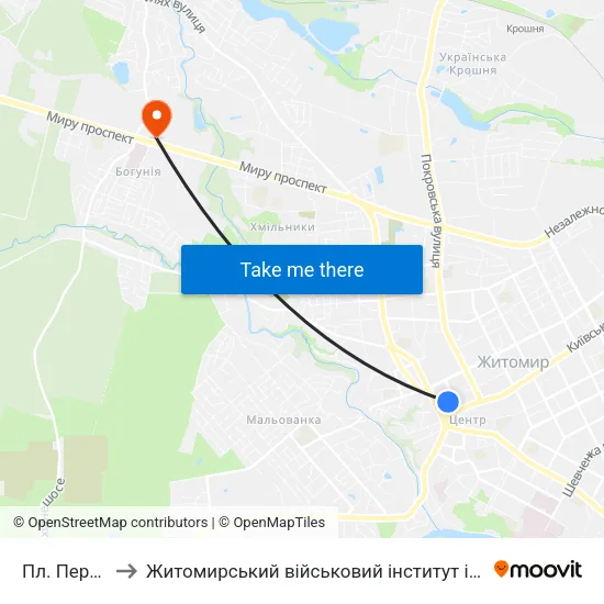 Пл. Перемоги to Житомирський військовий інститут ім. С.П.Корольова map