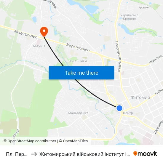 Пл. Перемоги to Житомирський військовий інститут ім. С.П.Корольова map