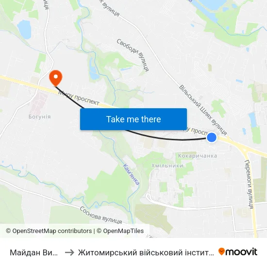 Майдан Визволення to Житомирський військовий інститут ім. С.П.Корольова map