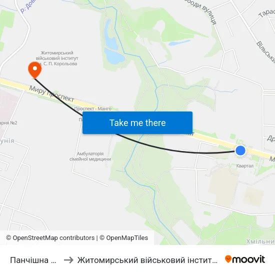 Панчішна Фабрика to Житомирський військовий інститут ім. С.П.Корольова map