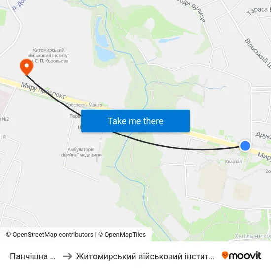 Панчішна Фабрика to Житомирський військовий інститут ім. С.П.Корольова map