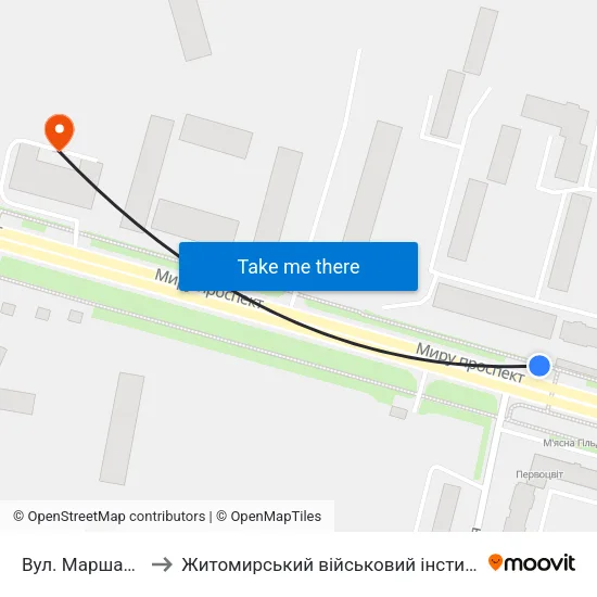 Вул. Маршала Жукова to Житомирський військовий інститут ім. С.П.Корольова map