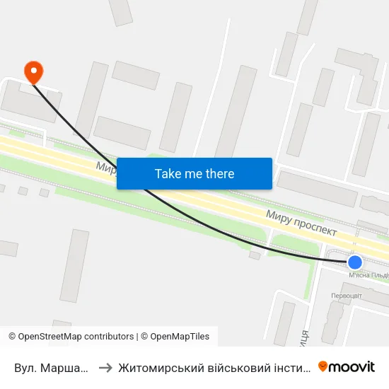 Вул. Маршала Жукова to Житомирський військовий інститут ім. С.П.Корольова map
