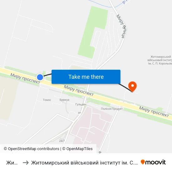Житичі to Житомирський військовий інститут ім. С.П.Корольова map