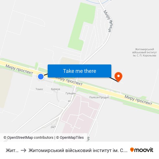 Житичі to Житомирський військовий інститут ім. С.П.Корольова map