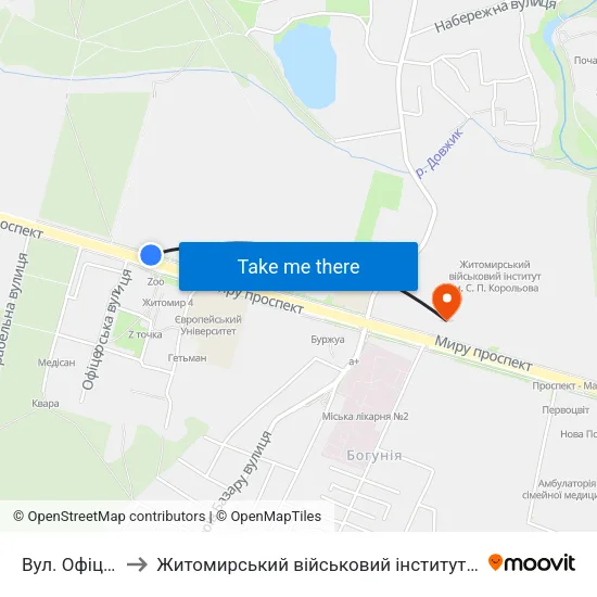Вул. Офіцерська to Житомирський військовий інститут ім. С.П.Корольова map