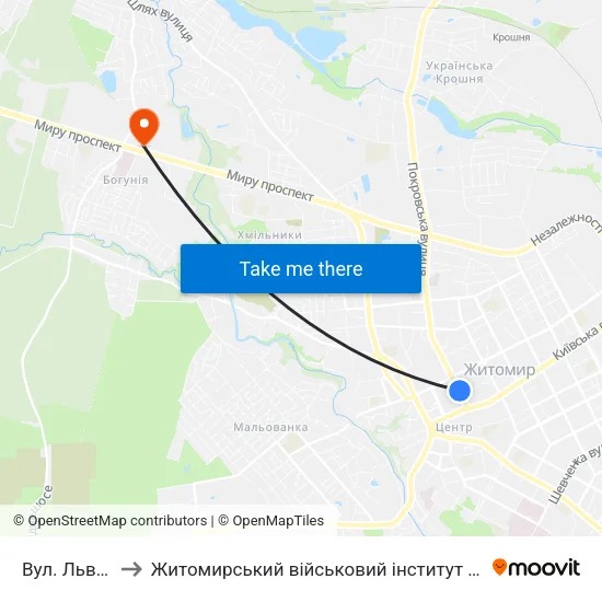 Вул. Львівська to Житомирський військовий інститут ім. С.П.Корольова map